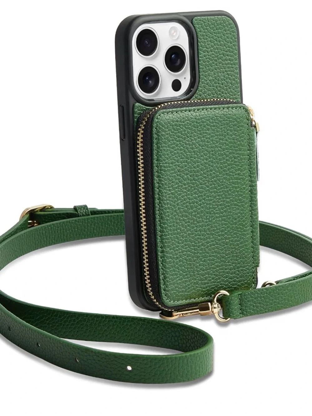 Green Leather Crossbody Wallet IPhone 14 Pro Case with Strap